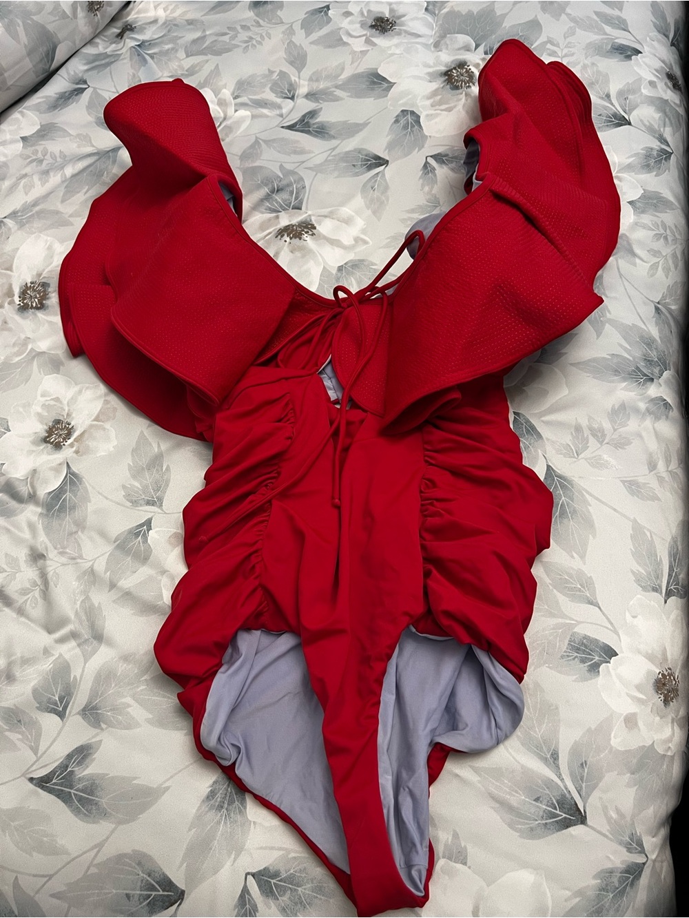 Johanna Ortiz Red Ruffle One-Piece Swimsuit with back Tie